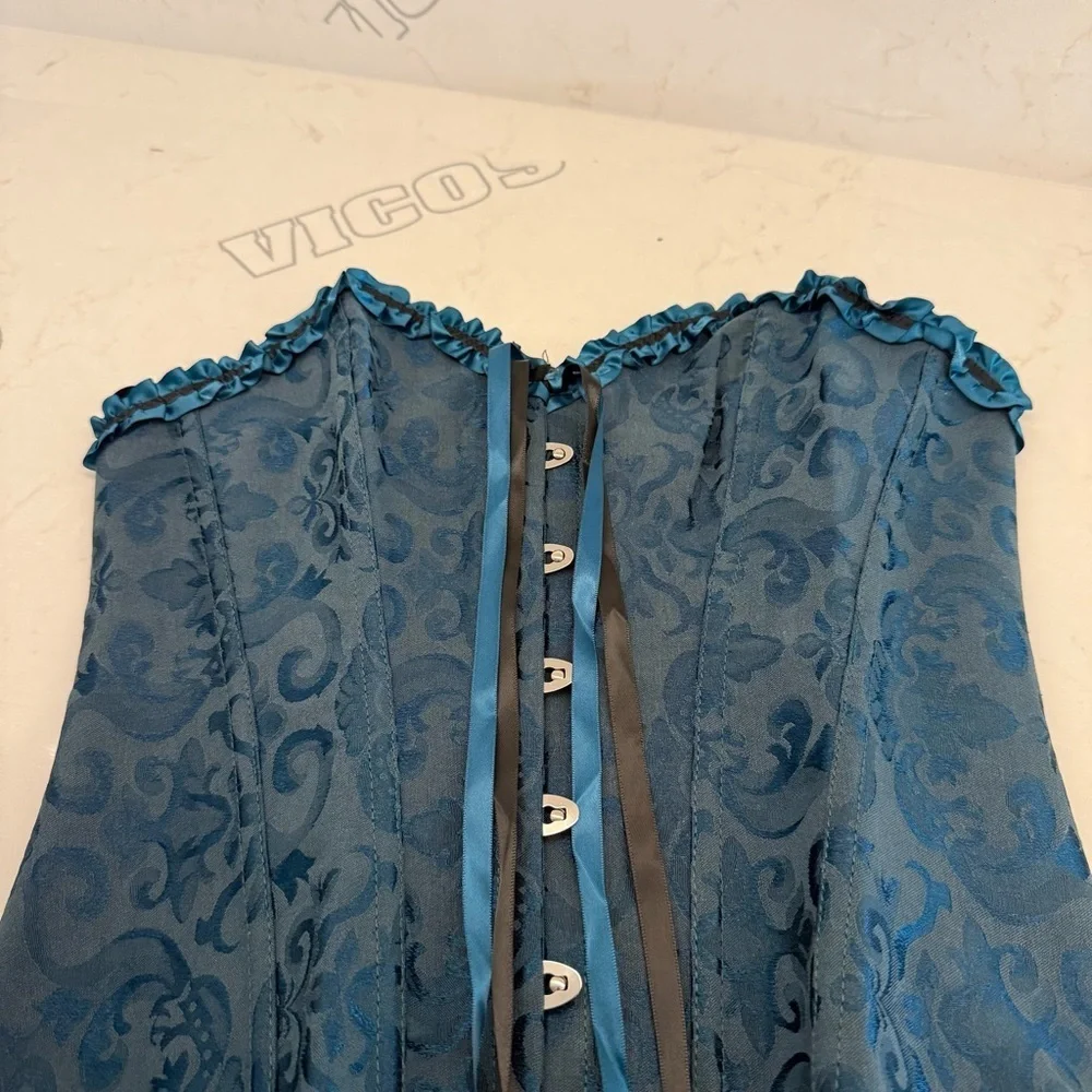 Teal Brocade Corset Top with Black Ribbon Velvety Size L  Whimsigoth Victorian